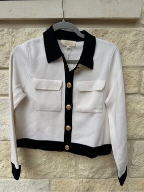 Sezane White Betty Cardigan with Black Trim